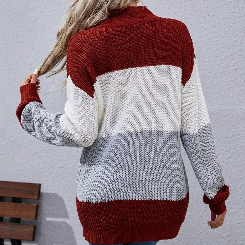 Color Block Rib-Knit Tunic Sweater